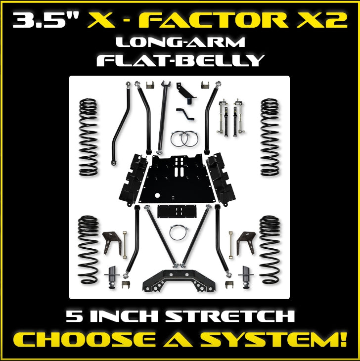 Jeep TJ 3.5" X-Factor X2 Flat Belly Long Arm System - 5 INCH STRETCH